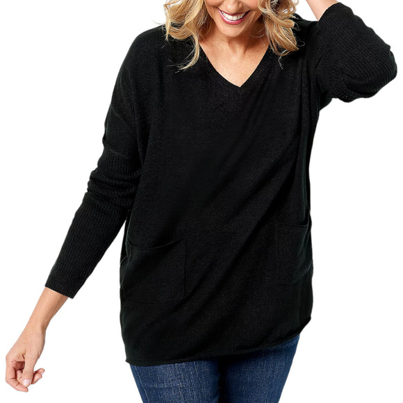 Denim & Co. V-Neck Drop Shoulder Long-Sleeve Pocketed Tunic Black - Regular - Picture 1 of 1